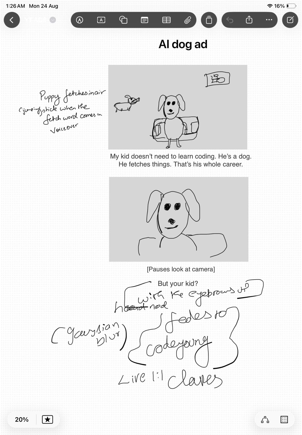 Aravinthan's hand-drawn storyboard for an ad concept