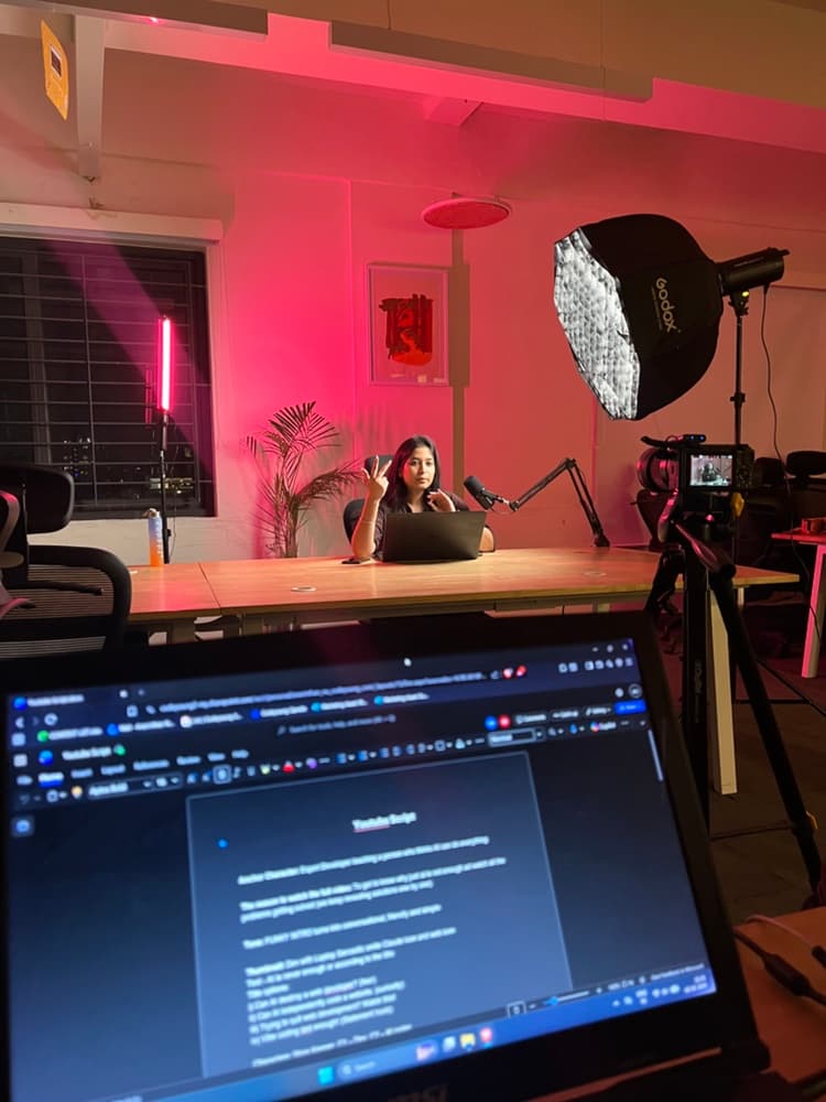 CodeYoung presenter shoot with camera, lighting, microphone, and script monitor