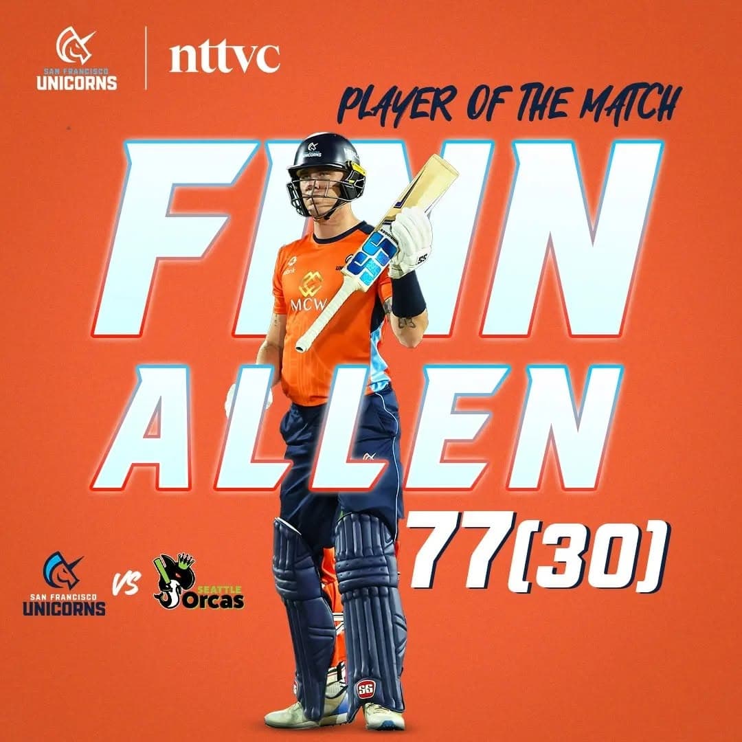 San Francisco Unicorns player of the match post for Finn Allen