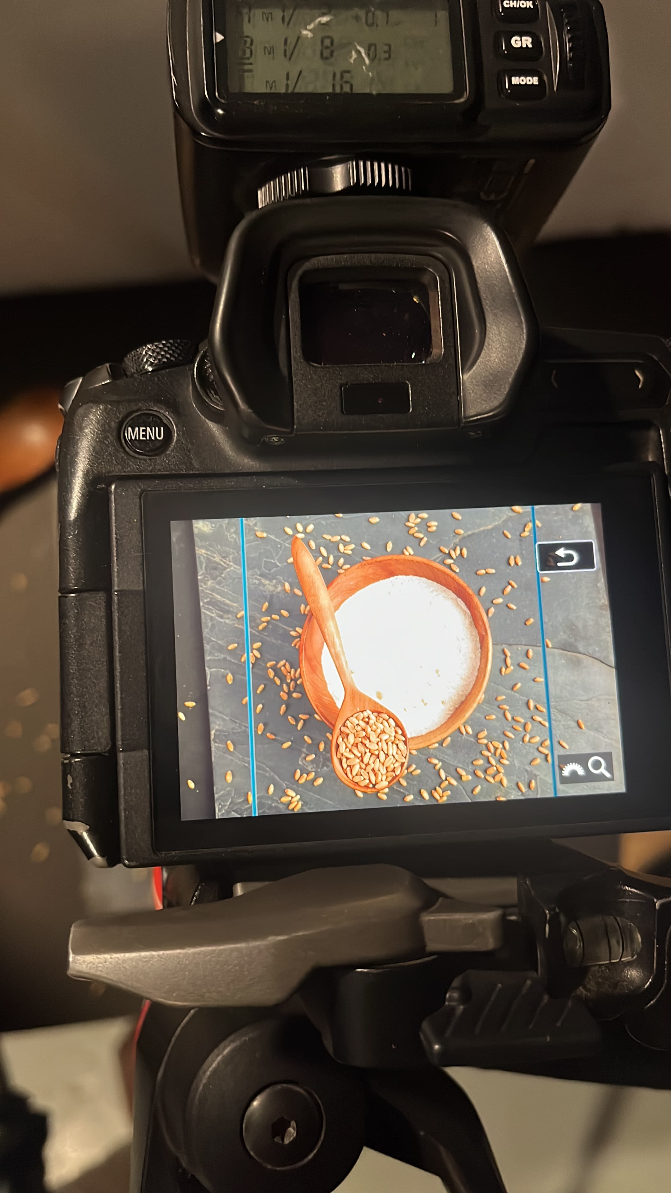 Mill Story food composition on the camera monitor